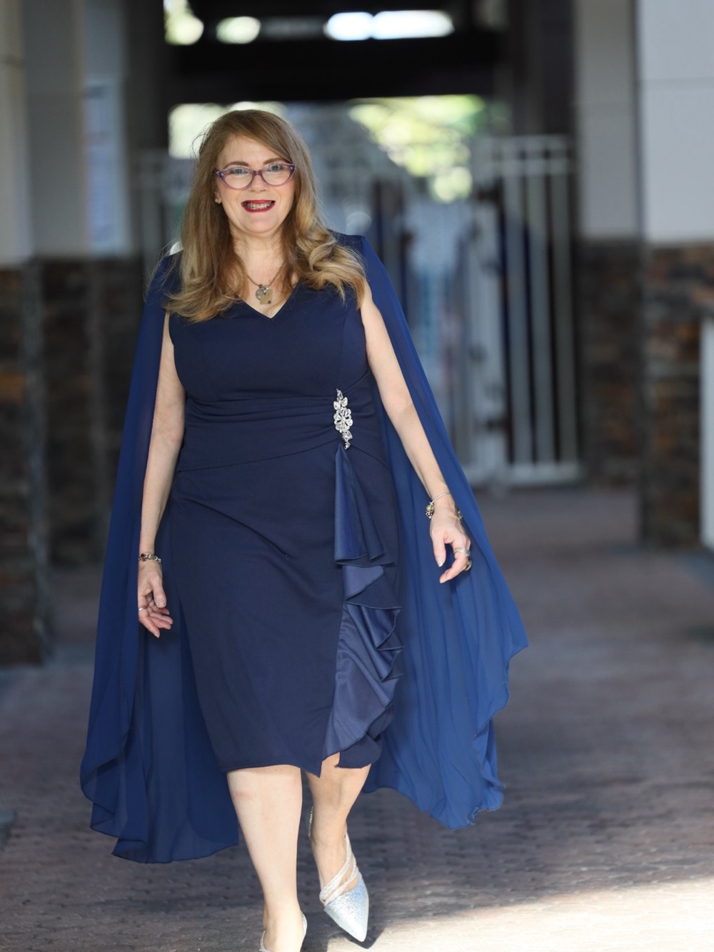 SHEIN Navy Cape Midi Dress with Side Rhinestone Detail